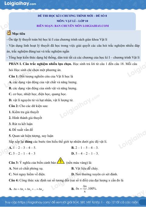 Đề thi học kì 1 Vật lí 10 Chân trời sáng tạo - Đề số 8